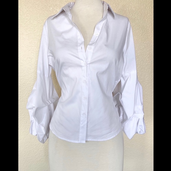 Cupio White Button-Up Blouse w/Puff Sleeves - Picture 1 of 5